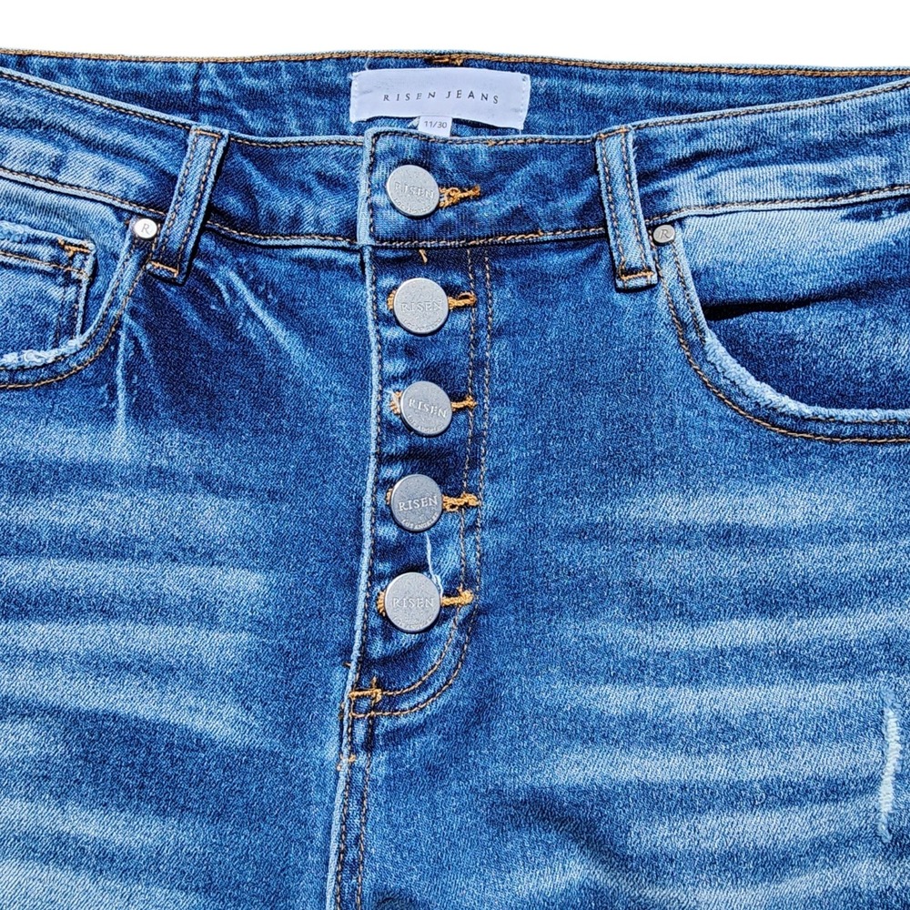 Risen Jeans Womens 11/30 Blue Button Fly Flare Distressed Denim - Picture 2 of 11